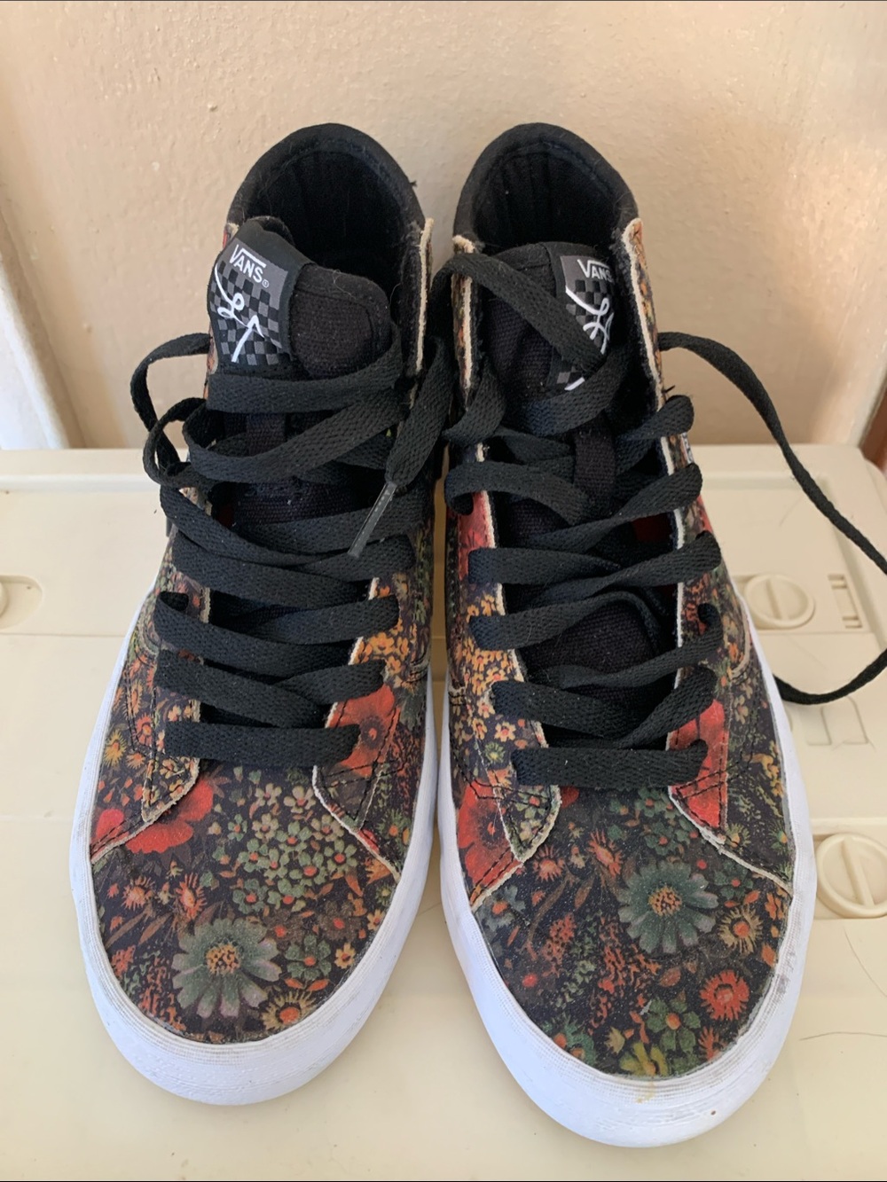 Vans Black High-Top Sneakers with Red, Green and Yellow Floral Print
